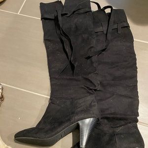 Black faux suede over the knee boots
